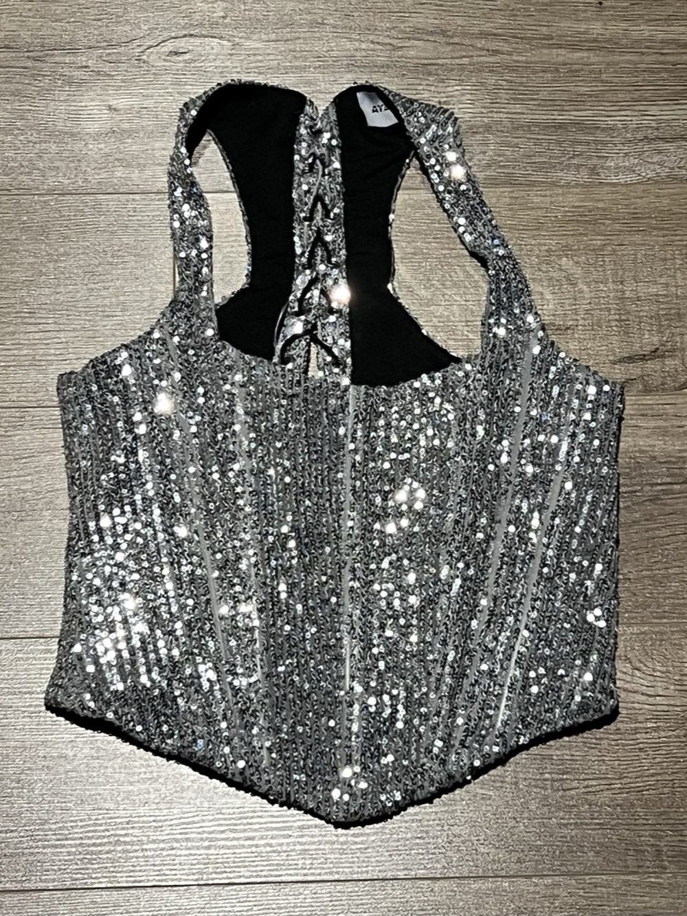 Ayserkris Sequined Lace-Up Crop Top in Silver & Black